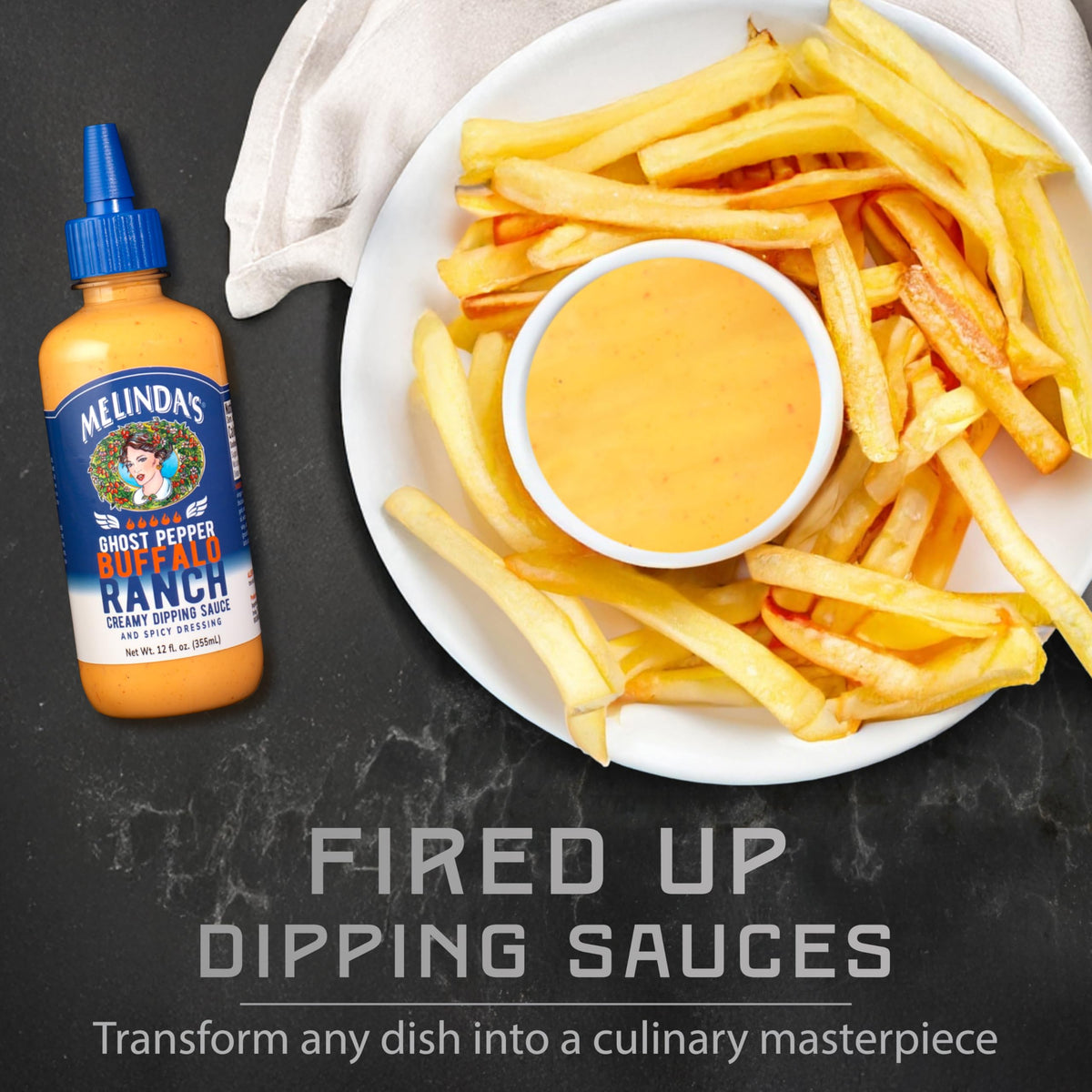 Melinda's Spicy Dipping Sauce Pairs image—versatile uses for fries, tenders, wraps.