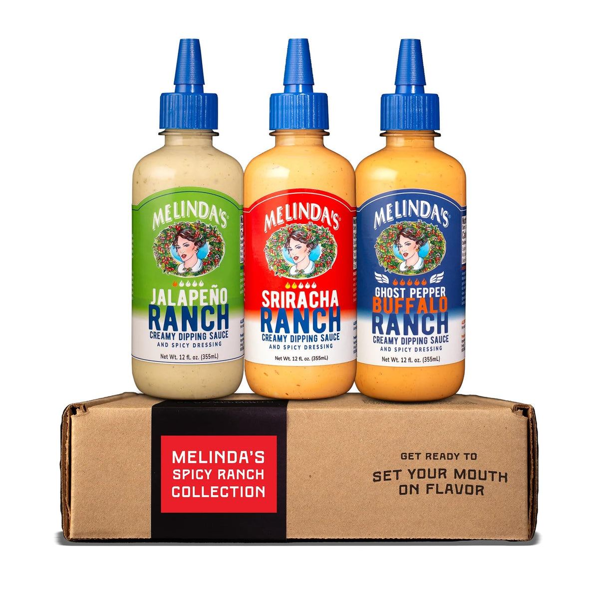 Melinda's Spicy Ranch Collection Pack—three sauces ready for wings and dips.