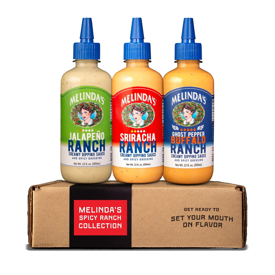 Melinda's Spicy Ranch Collection Pack—three sauces ready for wings and dips.