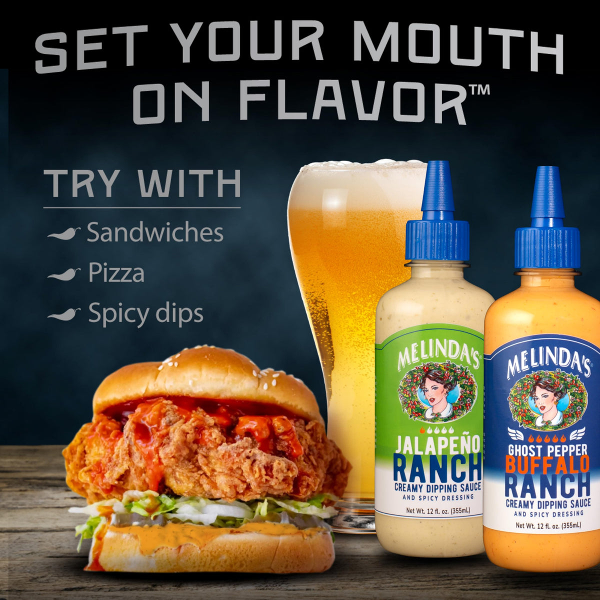 Melinda's Sriracha Ranch bottle—garlicky warmth with a smooth ranch finish.