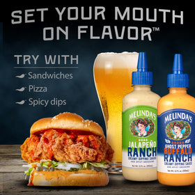 Melinda's Sriracha Ranch bottle—garlicky warmth with a smooth ranch finish.
