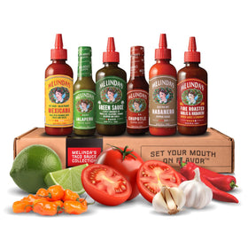 Melinda's Taco Sauce Collection 6-Pack on countertop, ideal for versatile taco nights.