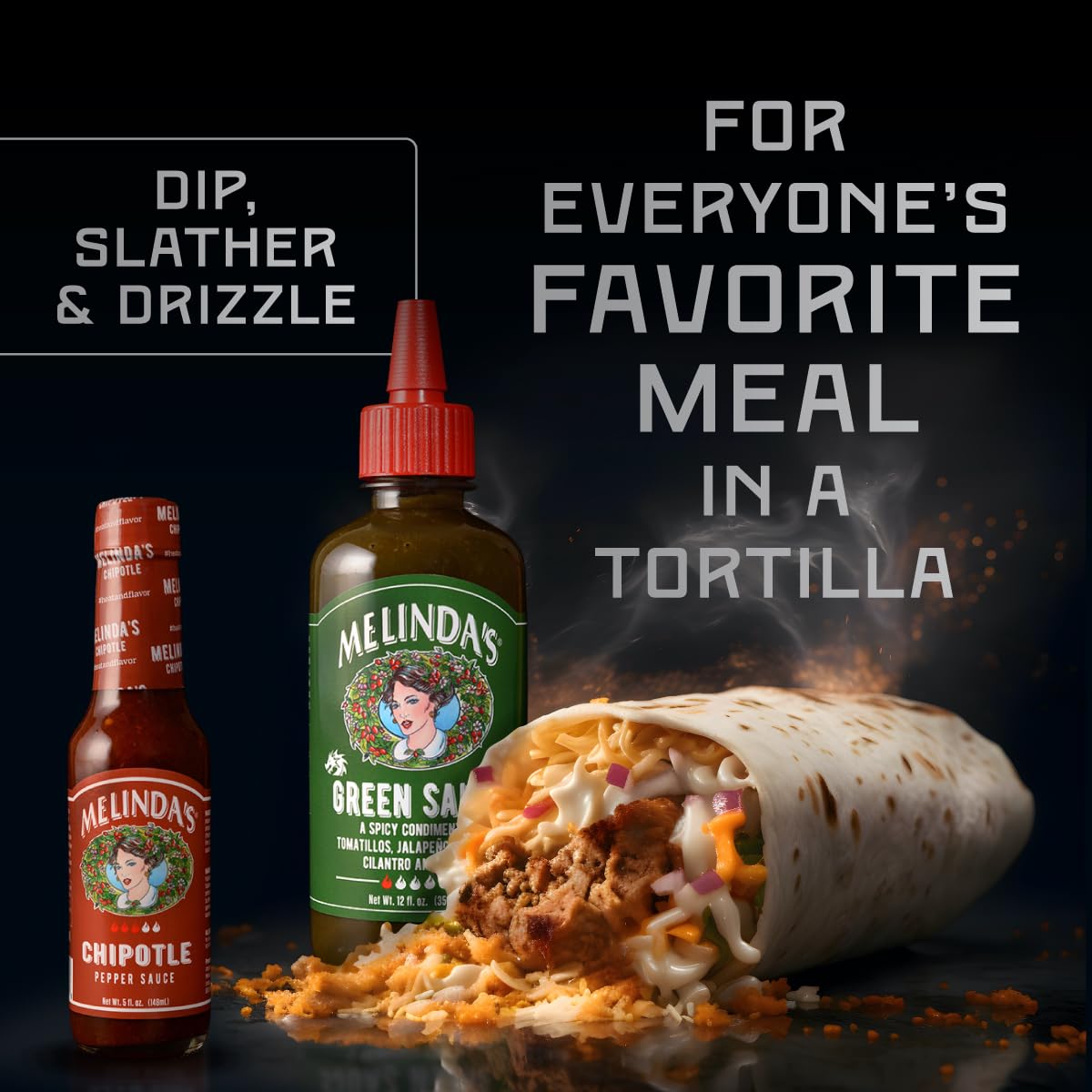 Melinda's XXXtra Hot sauce bottle provides bold heat for fiery tacos.
