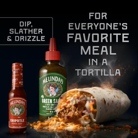 Melinda's XXXtra Hot sauce bottle provides bold heat for fiery tacos.