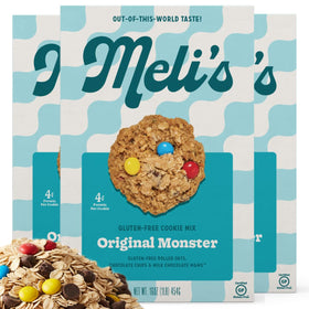 Meli's Monster Cookie Mix box showcasing gluten-free oats and chocolate chips.