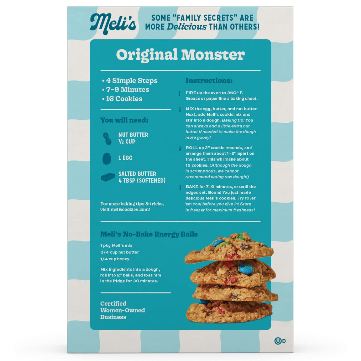 Ready-to-bake cookies from Meli's Monster Cookie Mix with M&M's.