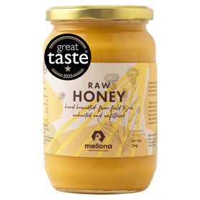 Mellona raw honey 1kg jar showcases pure, unheated texture for everyday use.