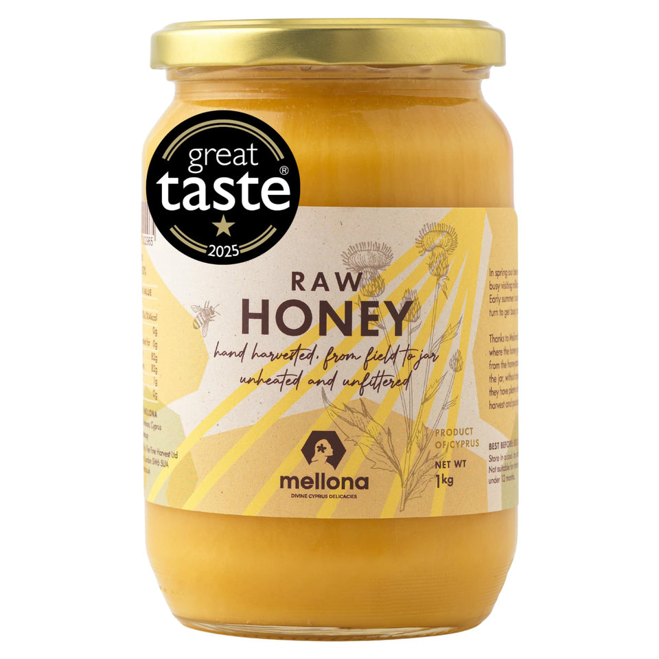 Mellona raw honey 1kg jar showcases pure, unheated texture for everyday use.