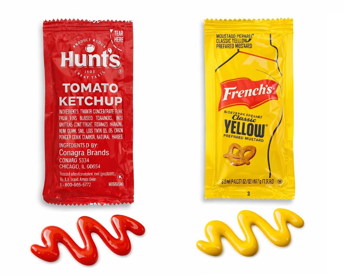 Mellow Mart ketchup packets close-up featuring convenient single-serve sachets for meals.