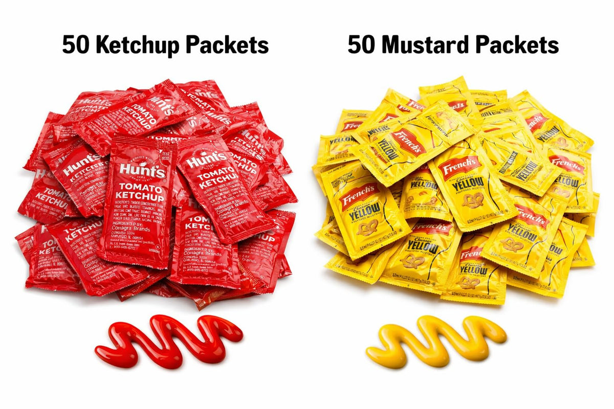 Mellow Mart mustard packets close-up highlighting classic tangy flavor in portable pouches.