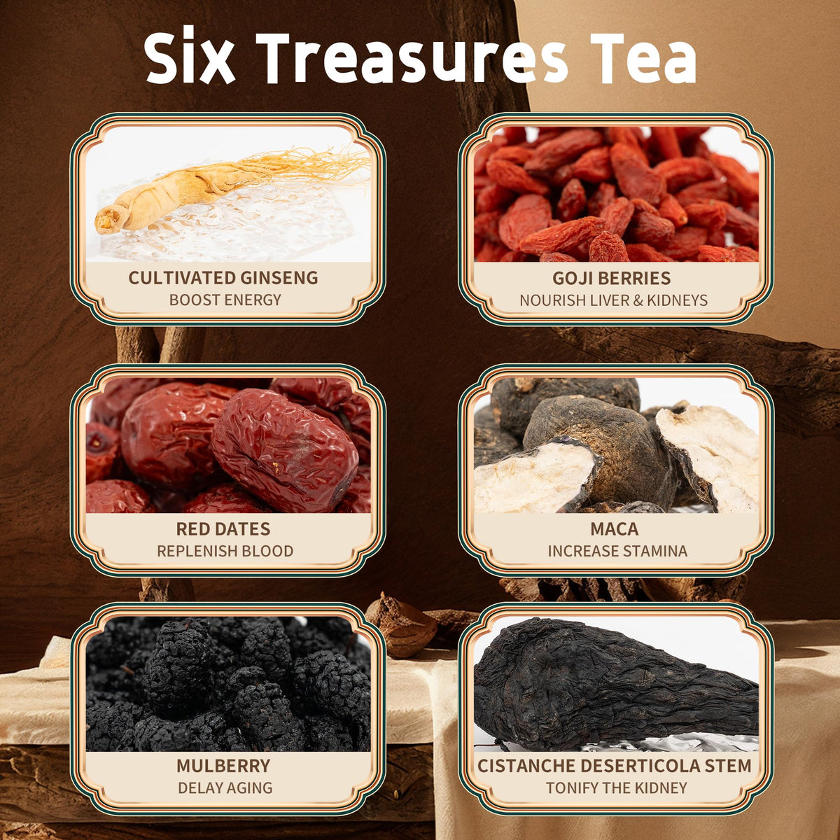 MellowSoul ginseng six treasure tea steeping in a warm mug, highlighting aromatic herbal blend.