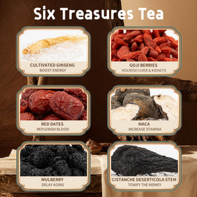 MellowSoul ginseng six treasure tea steeping in a warm mug, highlighting aromatic herbal blend.