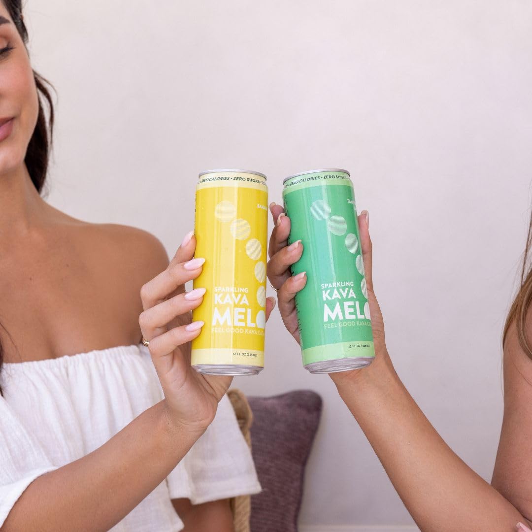 Melo Sparkling Kava Drink glass and pack setup for social moments
