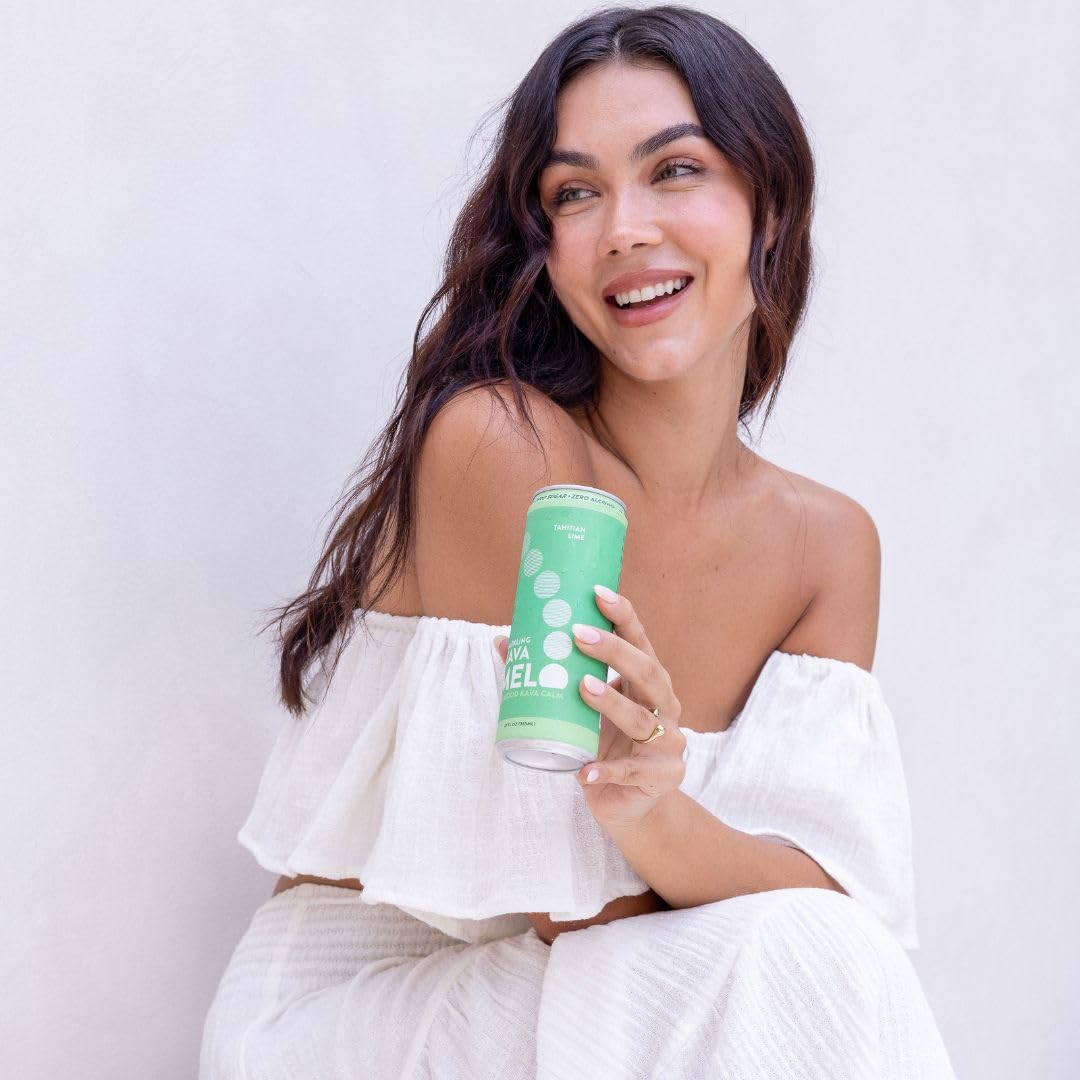 Melo Sparkling Kava Drink Tahitian Lime can being poured, ideal for social moments.