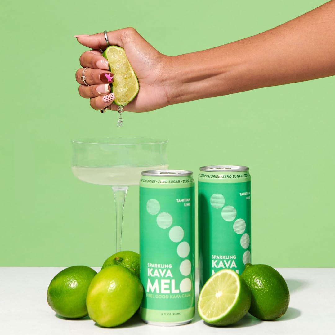 Melo Sparkling Kava Drink with glass on table, ready for a refreshing moment.