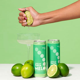 Melo Sparkling Kava Drink with glass on table, ready for a refreshing moment.