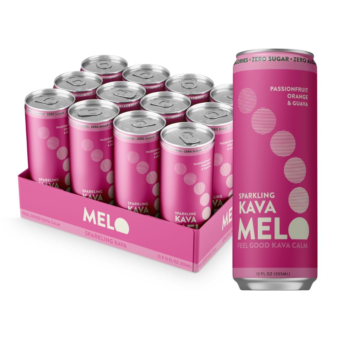 Melo Sparkling Kava can pours passionfruit orange guava for a refreshing non-alcoholic moment