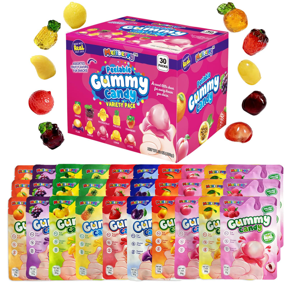 Meltberry Peelable Gummy Orange: vibrant bite-sized snack ideal for lunchboxes