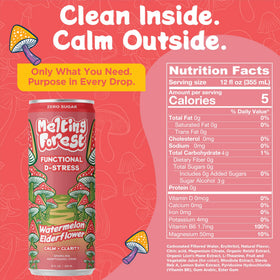 Melting Forest D-Stress glass with can on table conveys ready-to-drink convenience.