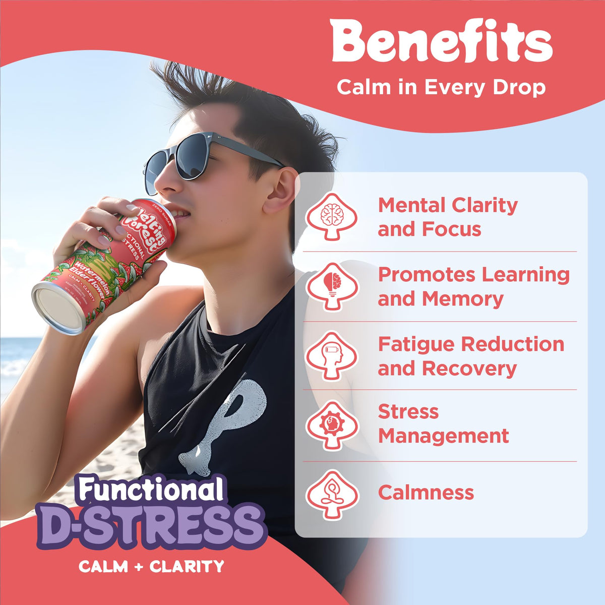 Melting Forest D-Stress label closeup highlights calming flavor profile for daily routines.