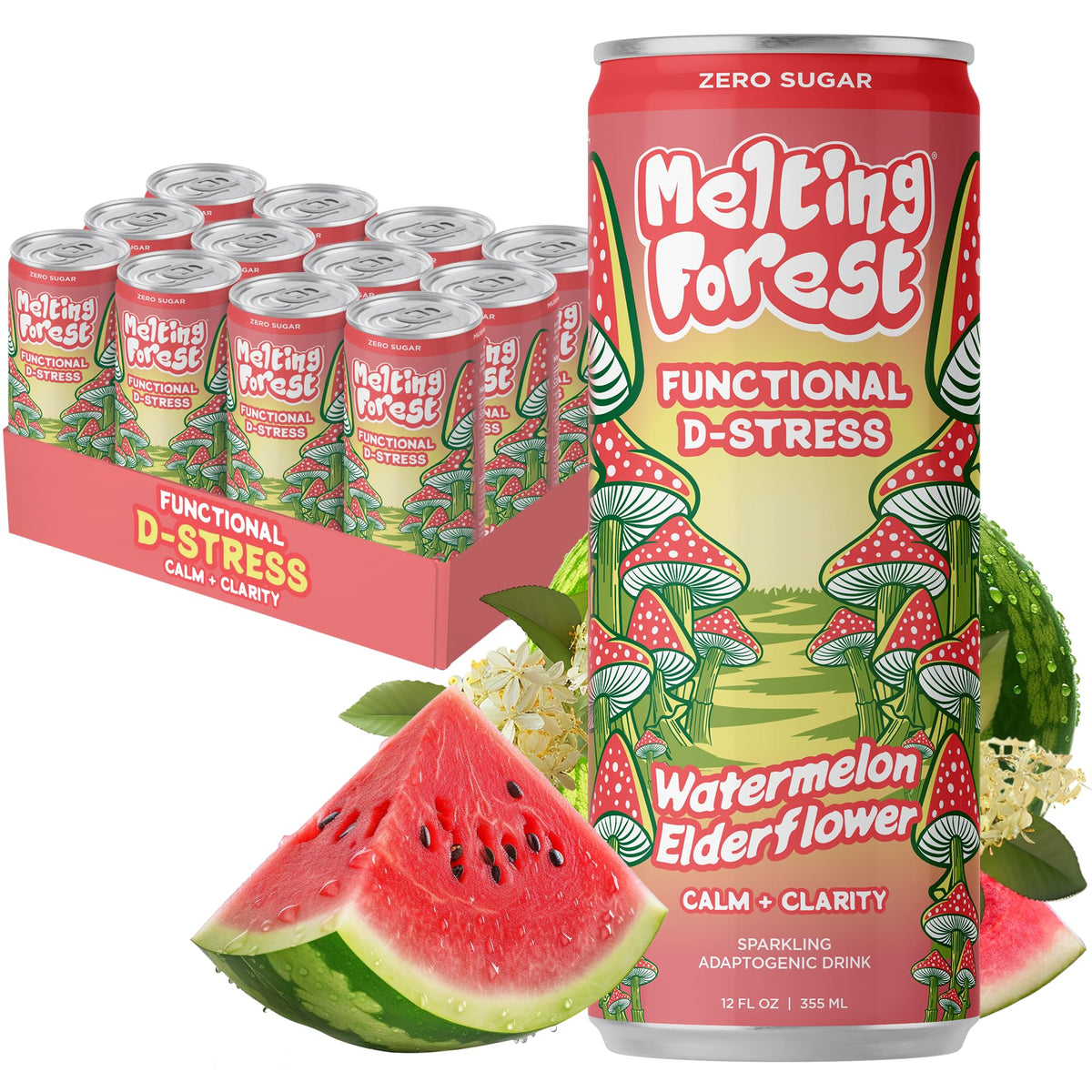 Melting Forest D-Stress Watermelon Elderflower can showcases zero sugar and refreshing flavor.