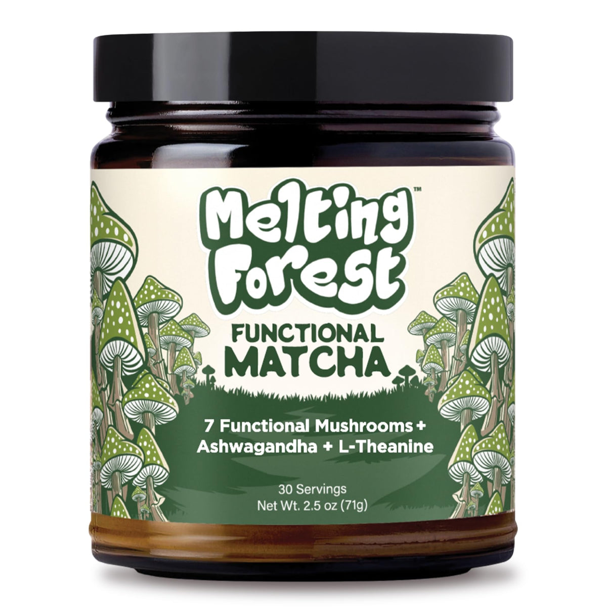 Melting Forest Mushroom Matcha Powder in a tin for clean energy and focus