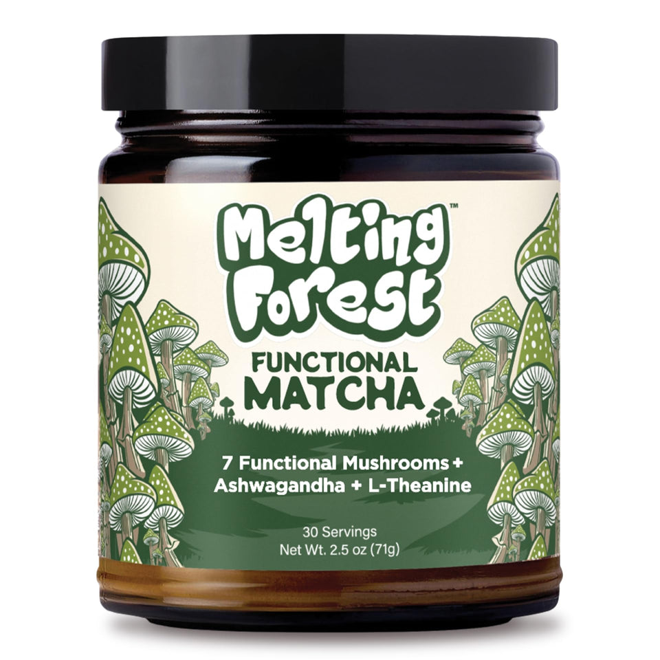 Melting Forest Mushroom Matcha Powder in a tin for clean energy and focus