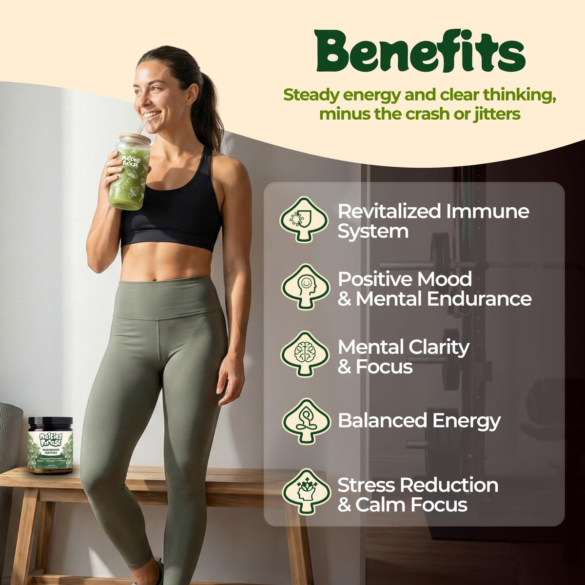Seven-mushroom adaptogen blend bottle highlighting balanced daily wellness