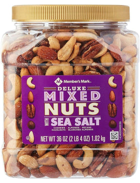 Member's Mark deluxe roasted nuts in a jar for savory snacking.