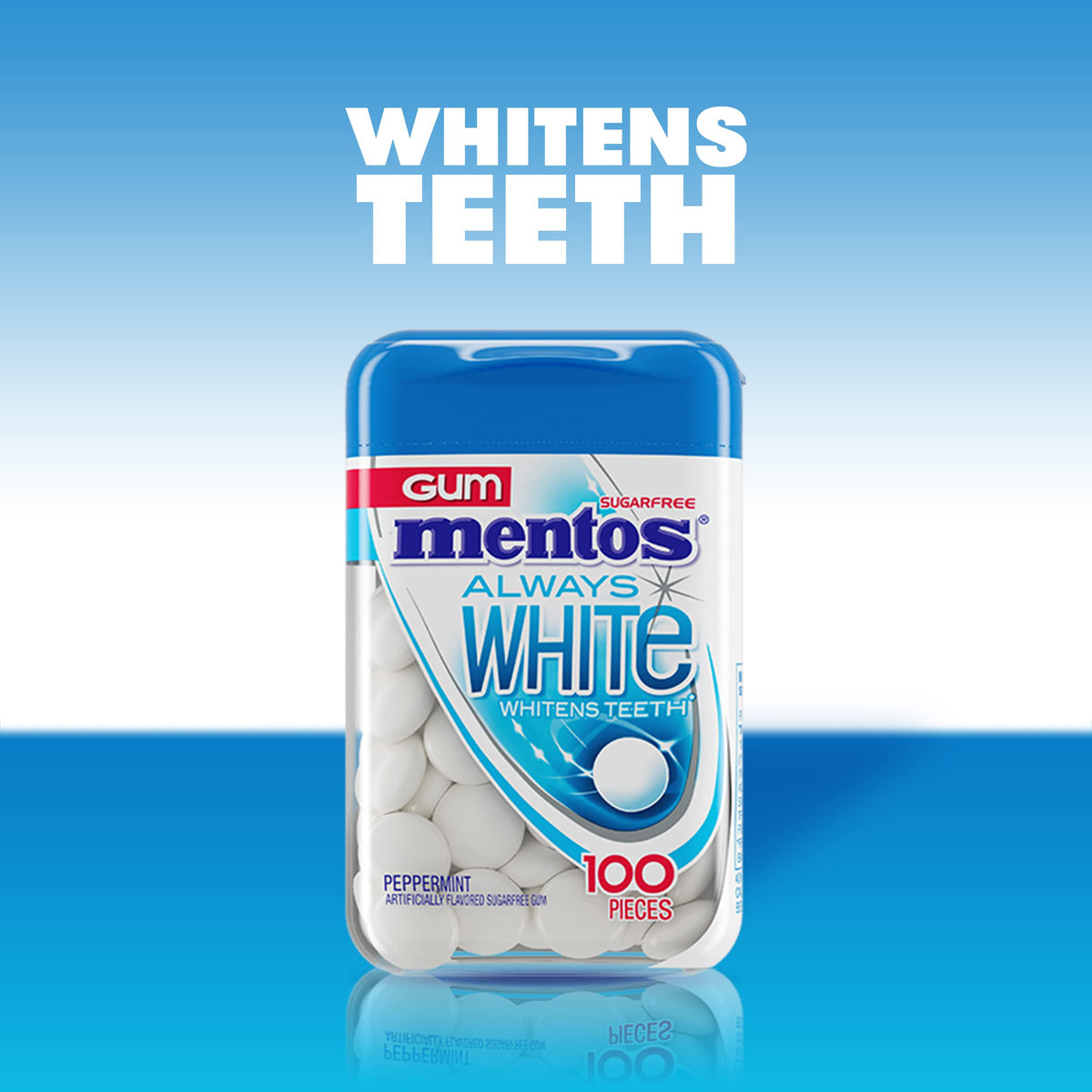 Mentos Always White peppermint gum shell close-up with soft center delivering quick mint.