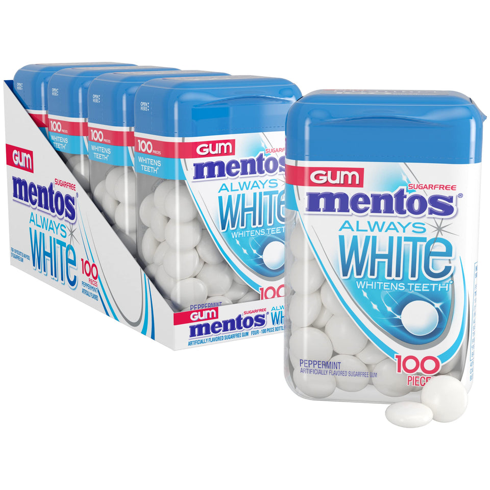 Mentos Always White Peppermint gum bottle promotes long-lasting freshness.