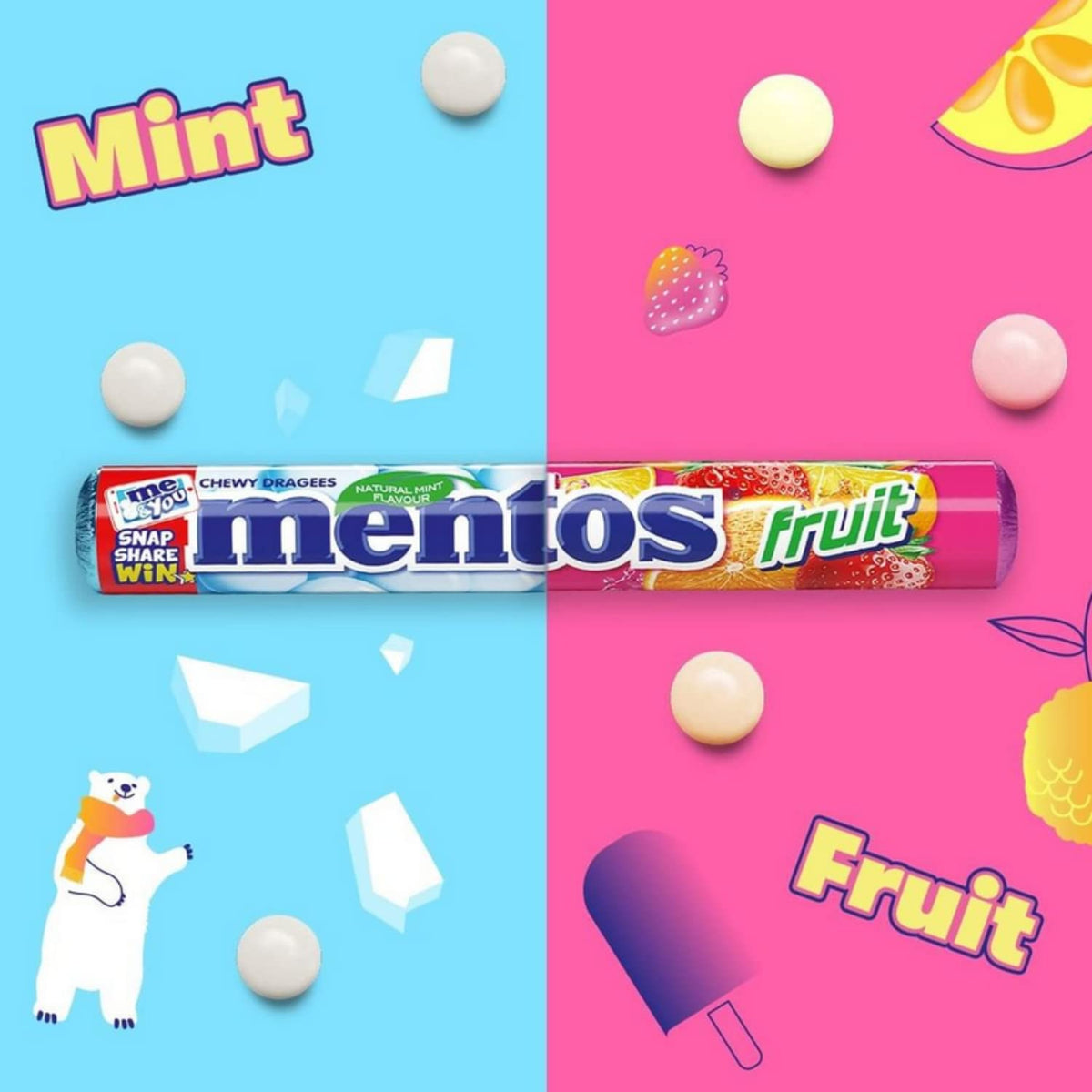 Mentos brand logo with mint candy beads for a refreshing treat
