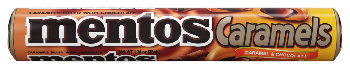 MENTOS Candy Roll close-up – caramel chocolate chew, convenient single-serve rolls for on-the-go