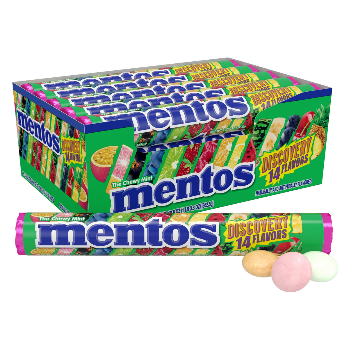 Mentos Chewy Discovery roll close-up showing 14 fruit flavors for a colorful snack.