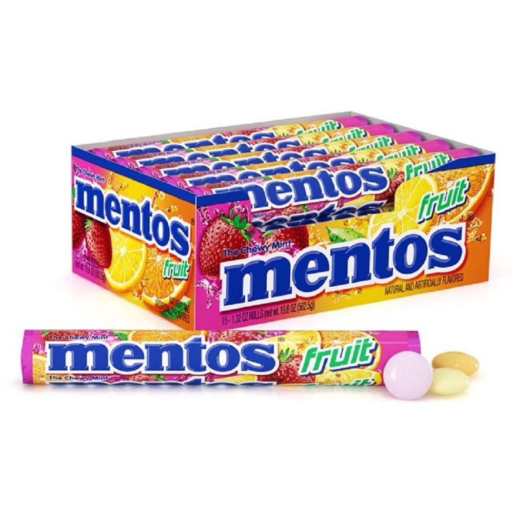 Mentos Chewy Mint Candy Roll with fruit flavors for quick breath refreshment.