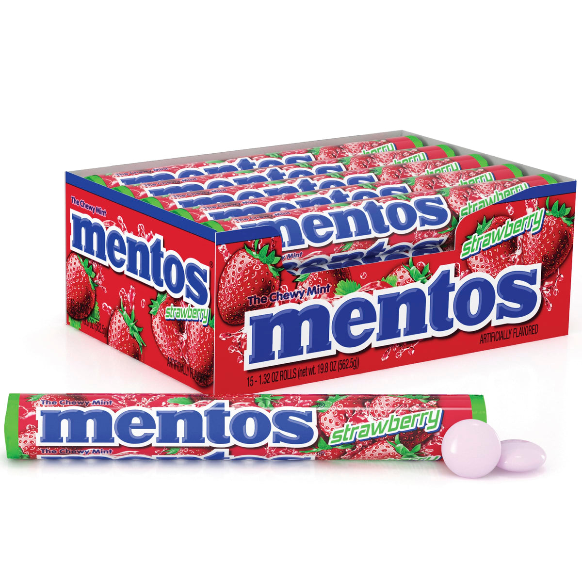 Mentos Chewy Mint Roll strawberry close-up for on-the-go freshness.