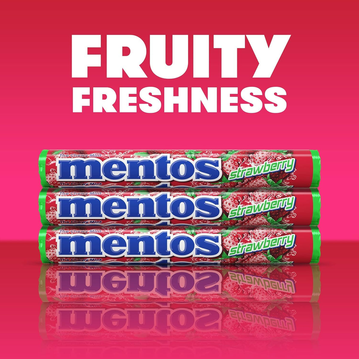 Mentos Chewy Mint Roll strawberry flavor close-up hints fruity mint taste.