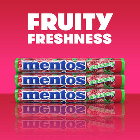 Mentos Chewy Mint Roll strawberry flavor close-up hints fruity mint taste.