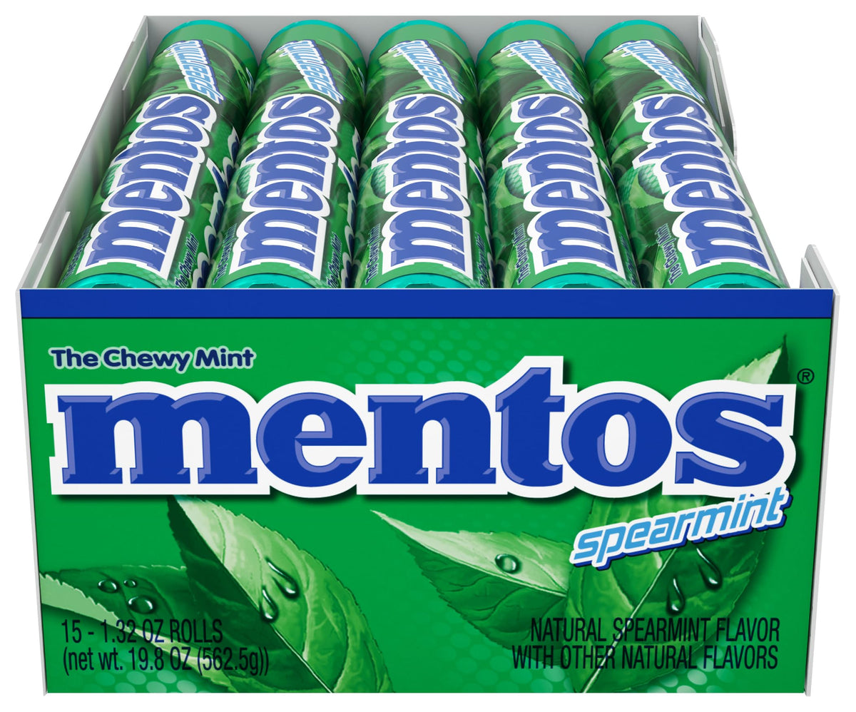 MENTOS spearmint chewy mint close-up highlighting vibrant candy texture and flavor.
