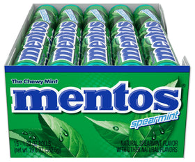MENTOS spearmint chewy mint close-up highlighting vibrant candy texture and flavor.