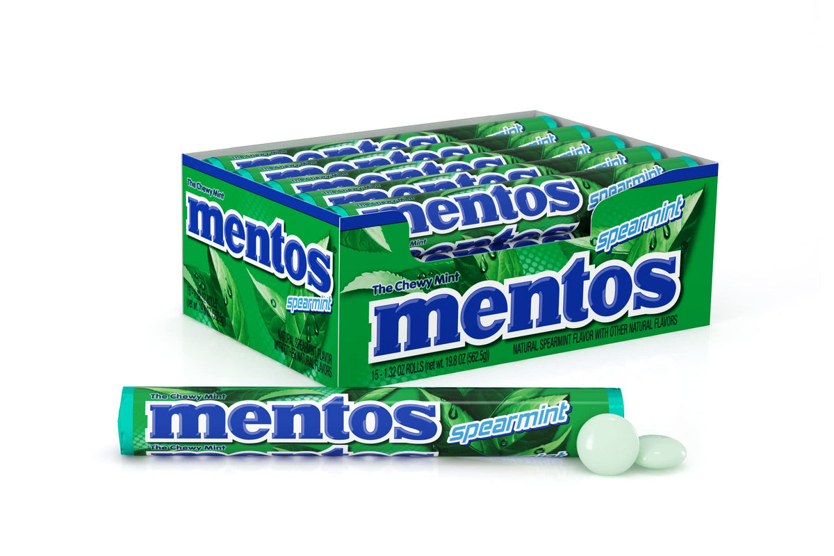 MENTOS Chewy Mint Rolls spearmint pack on shelf for quick fresh breath.