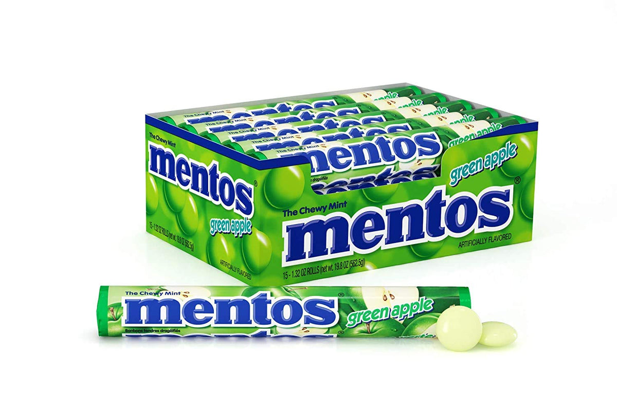 Mentos Chewy Mints Green Apple roll, convenient on-the-go refreshment.