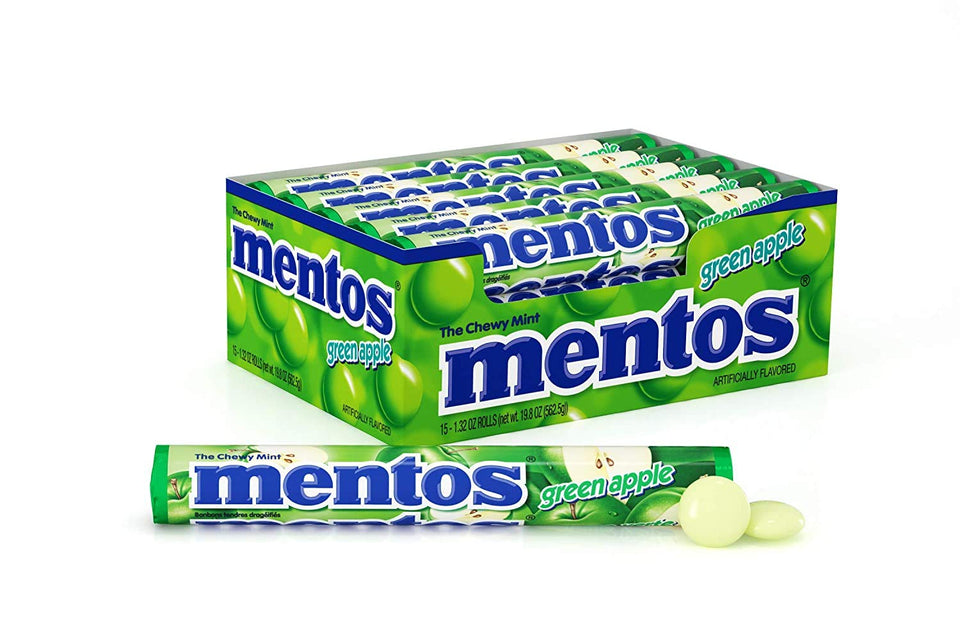Mentos Chewy Mints Green Apple roll, convenient on-the-go refreshment.