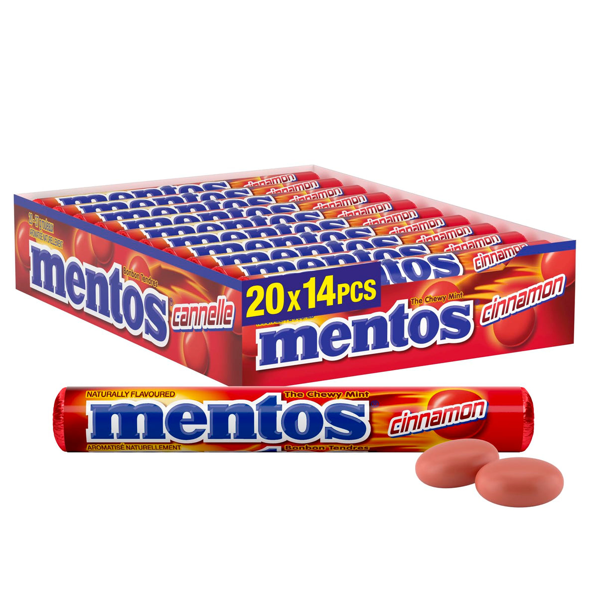 Mentos Cinnamon Chewy Rolls box front shows bold flavor for gatherings.