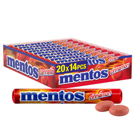 Mentos Cinnamon Chewy Rolls box front shows bold flavor for gatherings.