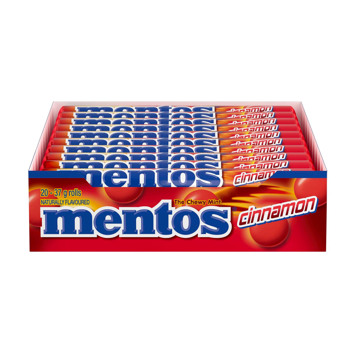 Mentos Cinnamon Chewy Rolls closeup reveals crisp outer coating and chewy center.