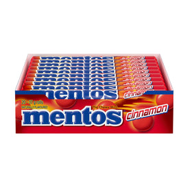 Mentos Cinnamon Chewy Rolls closeup reveals crisp outer coating and chewy center.