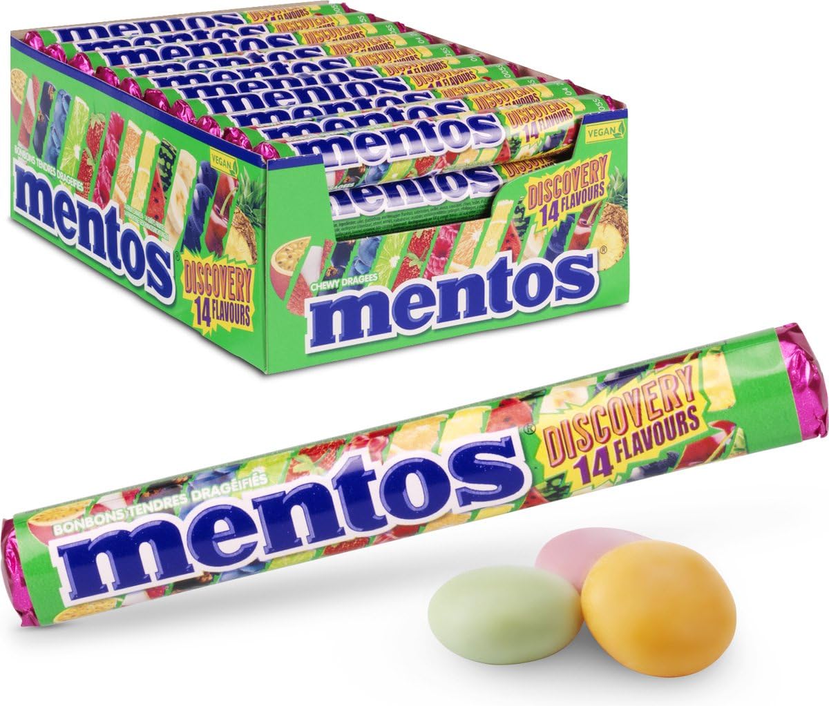 Close-up of Mentos Discovery fruit pastilles in a roll.