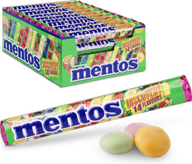 Close-up of Mentos Discovery fruit pastilles in a roll.