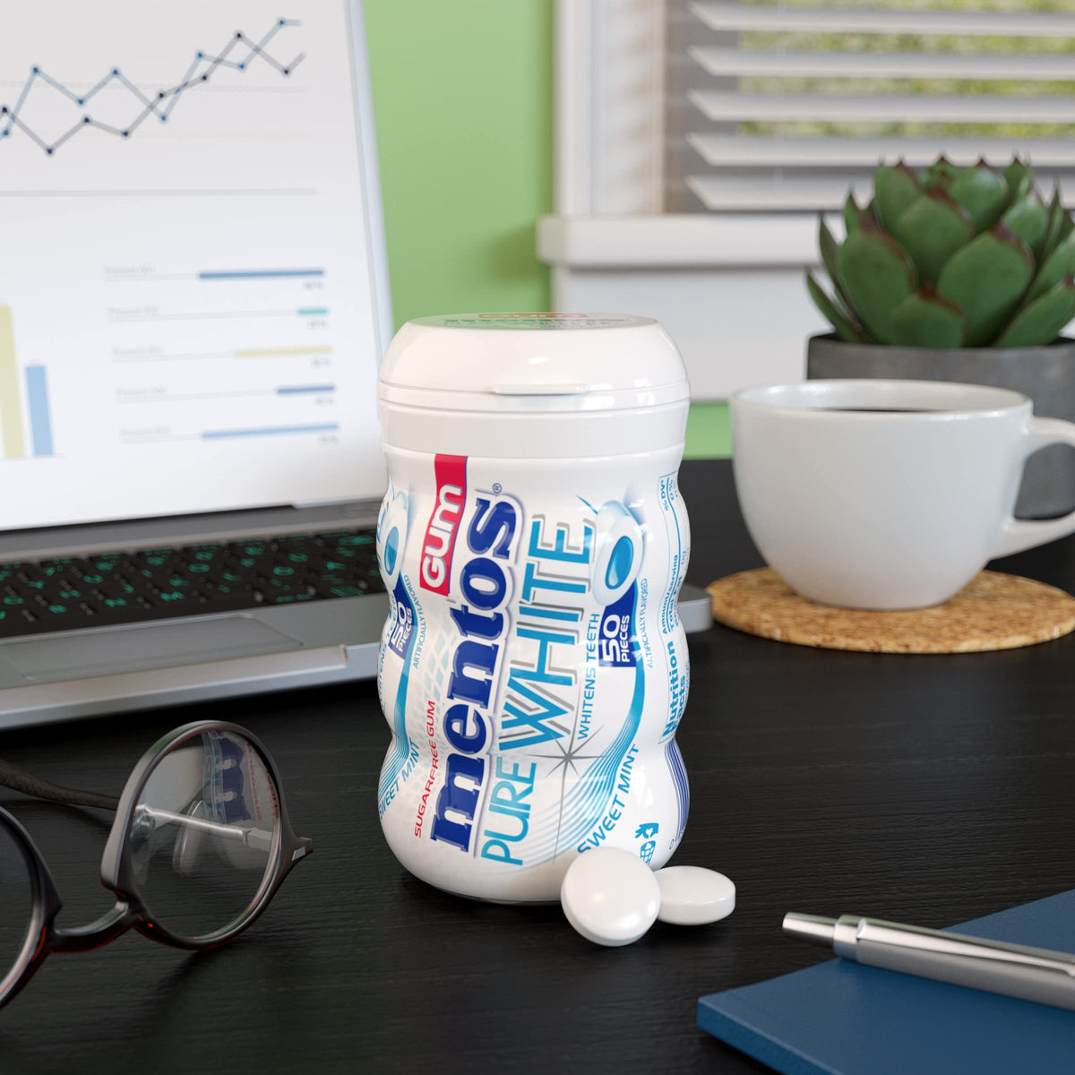 Close-up of Mentos Pure White gum pieces highlighting the sugar-free formula